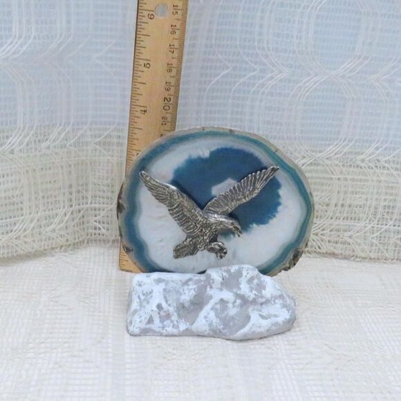 Vintage Tea Light Holder with Blue Agate Geode & Pewter Eagle Americana Souvenir - Picture 4 of 7
